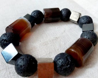 Men's bracelet Mineral Brutal gift for men Agate volcanic lava cubic pyrite Magic Coffee brown Handmade gift for men