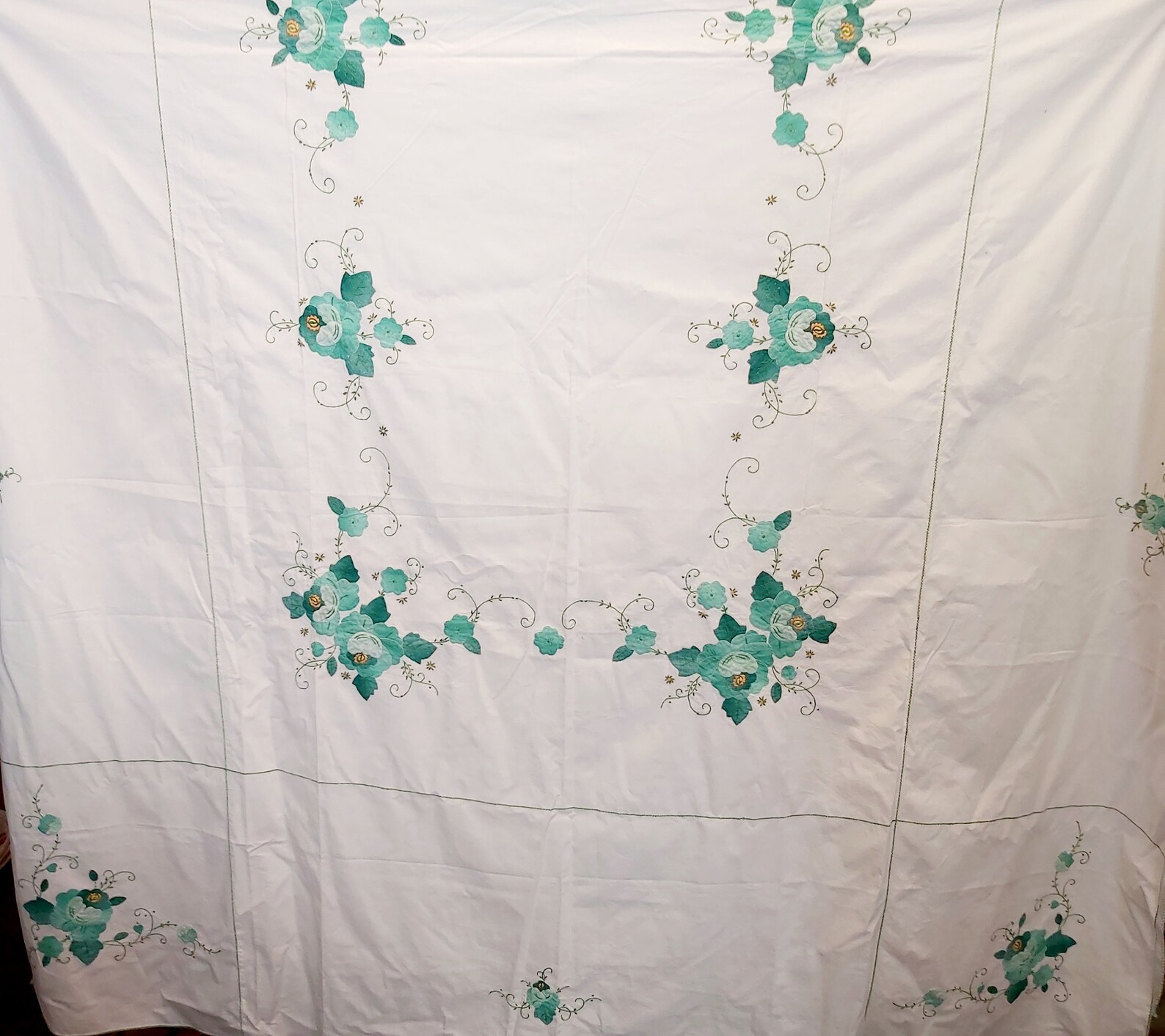 Antique Vintage Large Tablecloth Embroidery Handmade Applique With