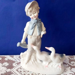 Wagner & Apel, vintage figurine boy geese, 1950.,vintage gift,blue vintage figurine boy geese,germany porcelain,porcelain GDR
