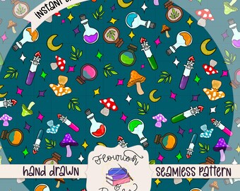 Mushroom Magic Digital Paper - Seamless Pattern: Hand-Drawn Herbs, Mushrooms (Digital Download)