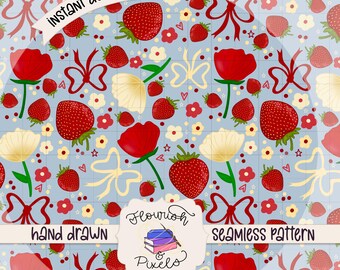 Strawberries and Florals Coquette Digital Paper - Instant Download - Seamless Pattern - Repeating Tile - Fabric Pattern