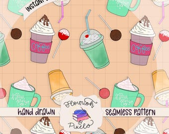 Cake Pops and Coffee Digital Paper, Fabric Pattern, Instant Download, Fun Seamless pattern, Sublimation Fabric, Digital Design