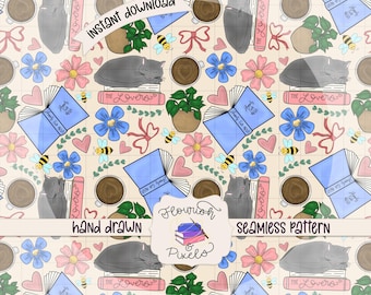 Cozy Reading Digital Paper, Seamless Pattern, Fabric Pattern with Cats and Books, Hand Drawn