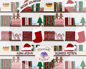 Christmas Digital Paper - Spicy Christmas Bookshelf - Seamless Pattern - Instant Download - Repeating Tile - Fabric Pattern