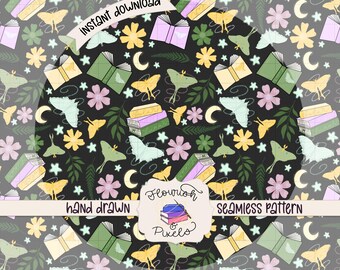 Magic Moths Digital Paper, Fabric Pattern, Seamless Pattern, Reading, Moths, Magic, Fantasy Reader