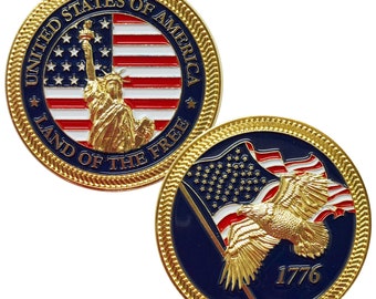 Lady Liberty Challenge Coin, Gold-Plated USA Flag, American Eagle America's 250th