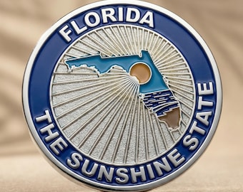 Florida Sunshine State Challenge Coin – Gold Plated Brass Souvenir, Space Coast Alligators Beaches