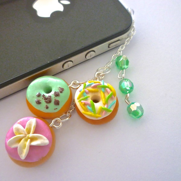 iPhone plug charm with miniature 3 donuts, phone plug, miniature food, dust plug, handmade, kawaii, gift idea