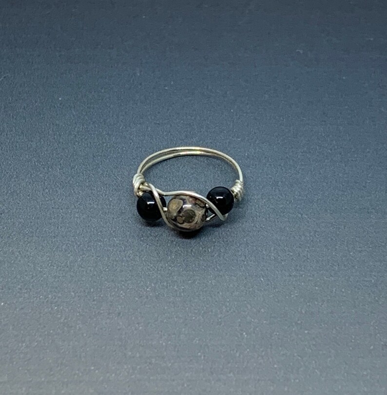 /& Black Onyx Gemstone Ring Leopard Skin Jasper Amalea Jewelry Size 2 34 Sterling Silver