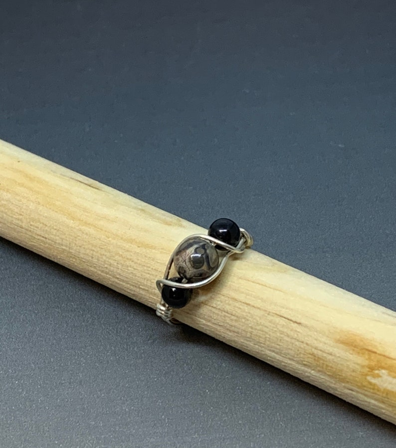 /& Black Onyx Gemstone Ring Leopard Skin Jasper Amalea Jewelry Size 2 34 Sterling Silver
