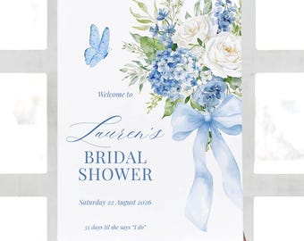 Letrero de bienvenida para despedida de soltera "Algo azul antes de irme" / Letrero editable con flores azules para despedida de soltera / Plantilla imprimible de letrero de bienvenida