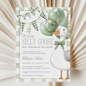 Silly Goose Baby Shower Invitation | Editable Green Gingham Gender Neutral Shower Invite | Printable Goose Baby Shower Invitation Template