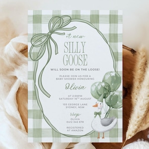 Silly Goose Baby Shower Invitation | Editable Green Gingham Gender Neutral Shower Invite | Printable Goose Baby Shower Invitation Template