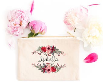 Personalized Makeup Bag | Personalized Pouch | Bridesmaid Gift | Bridesmaid Makeup Bag | Marsala Floral | Zipper Pouch | Gift For Her