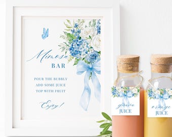 Letrero de mimosa "Algo azul antes de hacer" / Decoración de despedida de soltera con hortensias azules / Letrero de mimosa imprimible y etiquetas de jugo / Plantilla editable