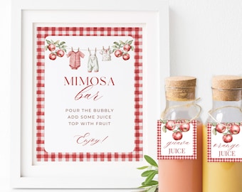 Letrero para barra de mimosas y etiquetas para jugos "Apple of Our Eye" / Decoración de otoño para baby shower con temática de manzanas / Plantilla digital de Canva (AOE25)