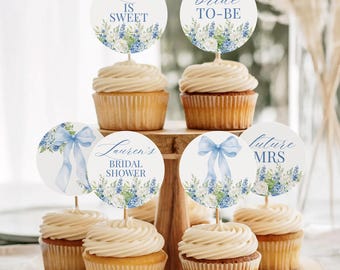 Adornos para cupcakes "Algo azul antes de hacer" / Decoración de despedida de soltera con hortensias florales azules / Adornos para cupcakes imprimibles / Plantilla editable