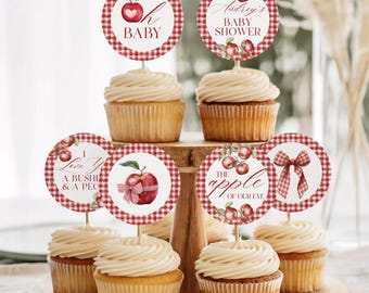 Adornos para cupcakes "La manzana de nuestros ojos" / Decoración de otoño para baby shower con temática de manzanas / Adornos para cupcakes imprimibles / Plantilla digital de Canva AOE25
