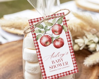 Plantilla de etiqueta de recuerdo "La niña de nuestros ojos" / Decoración de baby shower con temática de manzanas otoñales / Etiqueta de agradecimiento imprimible / Plantilla de Canva para descarga digital AOE25