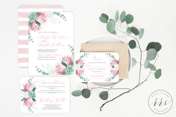 Faire Part De Mariage Imprimable Fleur De Cerisier Protea Aquarelle Florale Faire Part De Mariage Protea Invitation Mariage Floral Native Bpwf