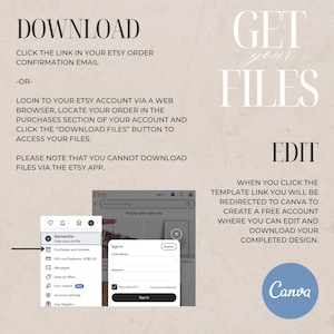 K&ouml;nnte beinhalten: Eine Anleitung zum digitalen Download mit Anweisungen zum Herunterladen von Dateien von Etsy. Der Text enth&auml;lt "DOWNLOAD", "GET your FILES" und "EDIT". Ein Screenshot eines Etsy-Kontos wird ebenfalls angezeigt, zusammen mit dem Canva-Logo.