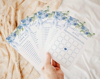 Juegos para despedidas de soltera "Algo azul antes de mi despedida" / Juegos editables para despedidas de soltera con flores azules / Mercado de flores / Paquete de 20 juegos para despedidas de soltera