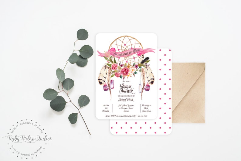 Hens Party Bohemian Watercolor Floral Dreamcatcher DIY Printable Invitations Printable Bridal Shower Invitation Kitchen Tea