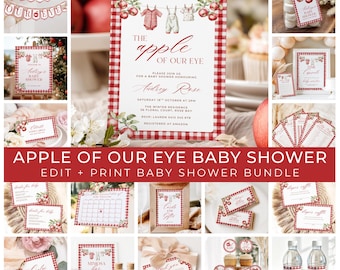 Paquete de invitaciones para baby shower "La niña de nuestros ojos" / Decoración y letreros para baby shower con temática otoñal de manzanas / Plantilla digital de Canva (AOE25)
