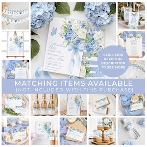 K&ouml;nnte beinhalten: Eine Auswahl an Hochzeits-Papeterie mit blauem und wei&szlig;em Blumendesign. Die Abbildung umfasst Einladungen, Schilder und Gastgeschenke. Der Text "Something Blue Before I Do" ist auf der Einladung zu sehen. Der Text "Click link in listing description to see more" ist ebenfalls sichtbar.