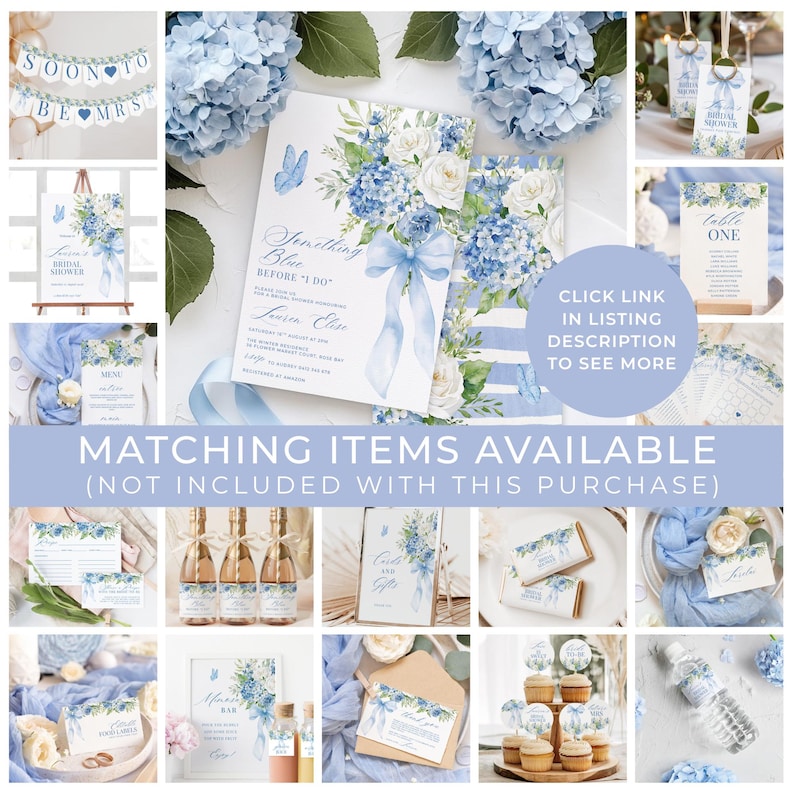 K&ouml;nnte beinhalten: Eine Auswahl an Hochzeits-Papeterie mit blauem und wei&szlig;em Blumendesign. Die Abbildung umfasst Einladungen, Schilder und Gastgeschenke. Der Text "Something Blue Before I Do" ist auf der Einladung zu sehen. Der Text "Click link in listing description to see more" ist ebenfalls sichtbar.