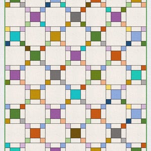 May include: A patchwork quilt with a repeating geometric pattern. The design features a cream-coloured background with squares of various colours, including green, orange, purple, and blue, outlined in black.