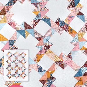 May include: A quilt pattern named "Knot Today" featuring a geometric design of colourful fabric triangles on a white backdrop. The pattern includes the text "Charm Pack Friendly!" and is designed by Ángeles Jaso Tucker.