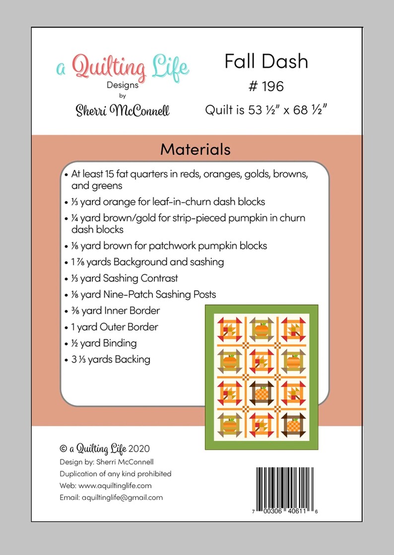 Puede incluir: Un patr&oacute;n de acolchado titulado "Fall Dash" de Sherri McConnell. El edred&oacute;n mide 135.9 cm x 174 cm y presenta un dise&ntilde;o de bloques de calabaza. La imagen incluye una lista de materiales necesarios para el edred&oacute;n.