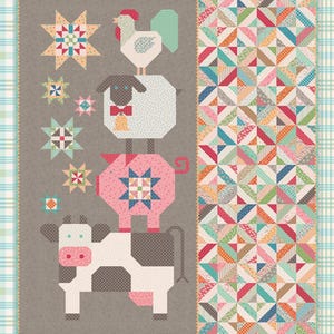 Peut inclure: Une courtepointe patchwork avec le texte "FARMYARD FRIENDS" en haut. La courtepointe présente une vache, un cochon, un mouton et un coq empilés les uns sur les autres. La courtepointe a un fond gris avec des motifs géométriques colorés.