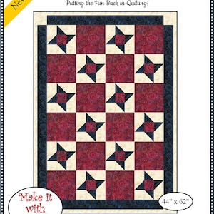 May include: A quilt pattern titled "Friendship Star" with a repeating star design. The quilt features navy blue stars on cream and burgundy squares, framed by a navy border. The pattern is 44" x 62" and requires 3 yards of fabric.
