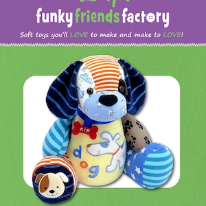 May include: A 12-inch soft toy dog named Kip, featuring a patchwork design with orange and white stripes, blue and white patterns, and a yellow belly with a dog illustration. The toy has a red bone-shaped tag and a small dog face on one foot.