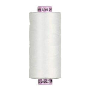 May include: A spool of white sewing thread with a cylindrical shape. The top and bottom caps are light purple with black text that reads WonderFil Efina Cotton 60wt. The thread is wound tightly around the central core in a smooth, uniform layer.