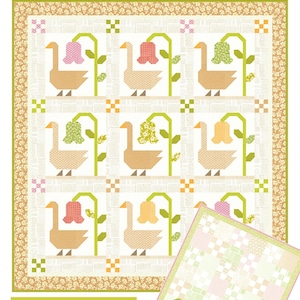 May include: A quilt pattern titled Gertrude featuring a grid of nine blocks, each displaying a tan goose next to a hanging flower in various colors. The border has a floral print. A smaller bonus baby quilt layout is shown in the bottom right corner.