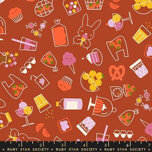 May include: A rust-colored fabric featuring a repeating pattern of white line-art illustrations of food items including ice cream, pretzels, fruit, cupcakes, and a rabbit holding a cone. The bottom edge displays the text RUBY STAR SOCIETY.