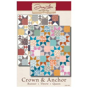 May include: A quilt pattern design by Doug Leko, titled "Crown & Anchor." The design features star-shaped blocks in various colors, including blue, orange, pink, and gray. The pattern is suitable for a runner, throw, or queen-sized quilt.