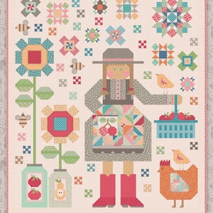 May include: A colorful quilt titled "The Quilted Farm Girl" features a patchwork design with floral and geometric patterns. The quilt showcases a stylized farm girl, flowers, bees, and a chicken. The design includes the text "The Quilted Farm Girl" and "Designed by Lori Holt".