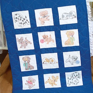 Puppies Themed Pre-Printed Embroidery Quilt Blocks - Jack Dempsey - 12 - 9&quot; Quilt Blocks #300-24
