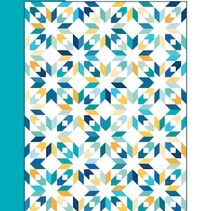 May include: A quilt pattern called "Same Sky" by Morgan McCollough. The pattern features a geometric design with blue, yellow, and white colors. The pattern is available in baby, square throw, rectangular throw, and bed sizes. It is also FQ and scrap friendly.