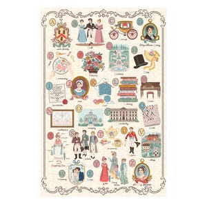 May include: A completed jigsaw puzzle featuring a cream-colored background with illustrations and text related to the Regency era. The puzzle includes images of flowers, hats, and characters, with the alphabet labeling each image.