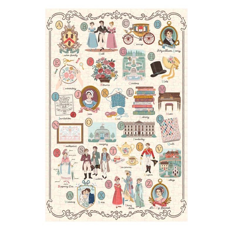 May include: A completed jigsaw puzzle featuring a cream-colored background with illustrations and text related to the Regency era. The puzzle includes images of flowers, hats, and characters, with the alphabet labeling each image.