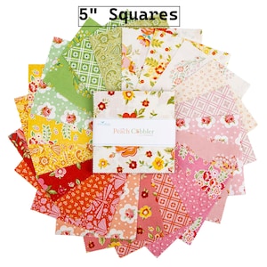 May include: A collection of 5-inch fabric squares in various floral and geometric patterns. The squares are in shades of pink, yellow, green, and orange. The text "Peach Cobbler" is visible on a label in the center.