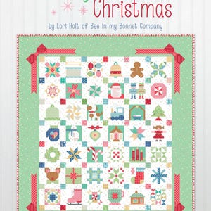 May include: Vintage Christmas quilt pattern featuring a green background with a white grid of various Christmas-themed squares. The quilt is bordered with red ribbon and white polka dots. The title "Vintage Christmas" is written in pink and white lettering above the quilt. The text "by Lori Holt of Bee in my Bonnet Company" is written below the quilt.