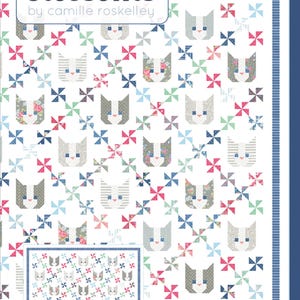 May include: A quilt pattern titled Kittens by Thimble Blossoms, featuring a repeating grid of cat faces in various floral and striped fabrics, interspersed with colorful pinwheel blocks on a white background, measuring 74 inches.