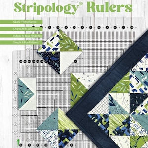 May include: A clear quilting ruler with the text "Master Your Stripology Rulers" and "GE Designs." The ruler is placed over a quilt with blue, green, and white fabric. The image includes text such as "GEasy Flying Geese" and "Charts All In One Place."