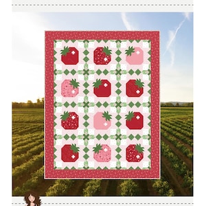 May include: A quilt pattern titled "Strawberry Basket" featuring a repeating strawberry design in red and pink on a pink and green checkered background. The quilt is framed with a red border. The finished size is 60" x 77".